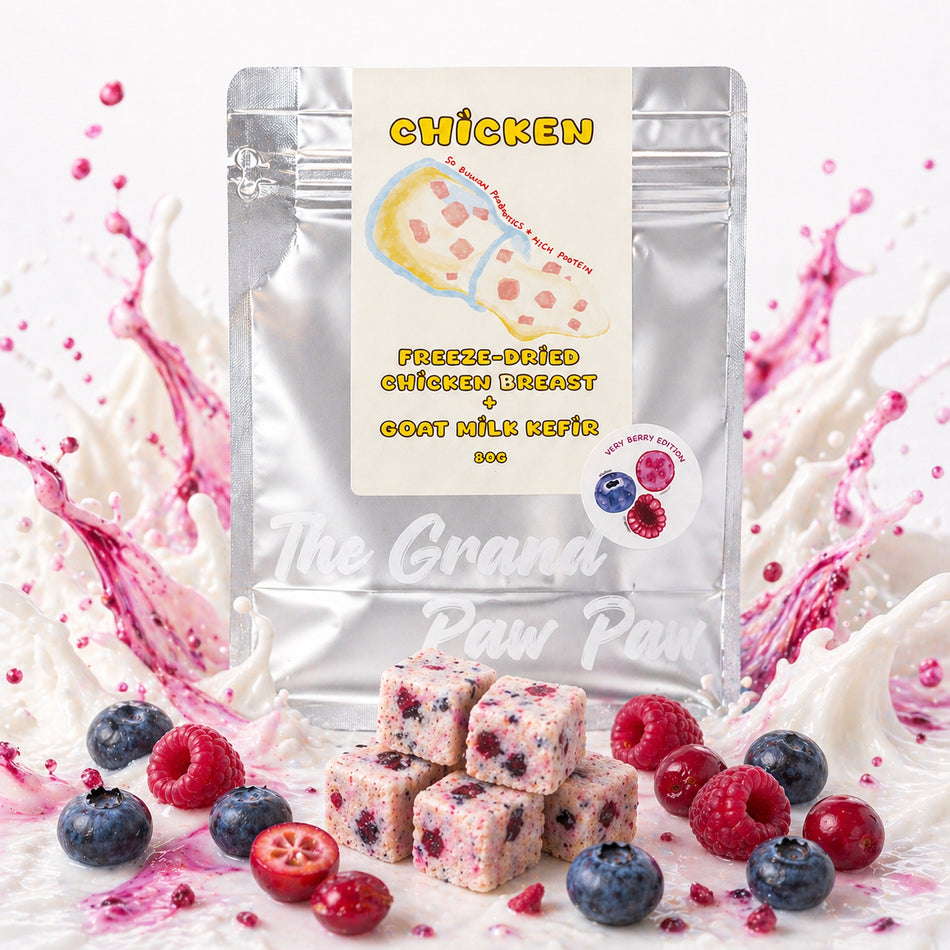 Very Berry chicken and kefir treats with blueberries, cranberries and raspberries