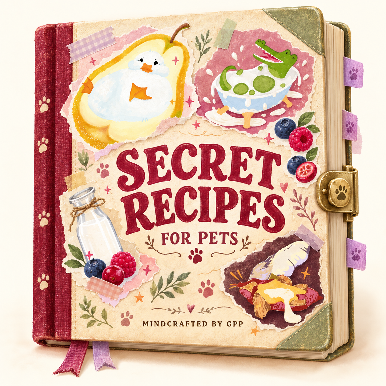 The Grand Paw Paw secret recipe book for pets, mindcrafted by GPP, with a playful collage of our pear duck, kefir crocodile, berries and sweet-potato label artwork